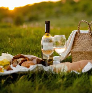 food and drink laid out on a picnic blanket